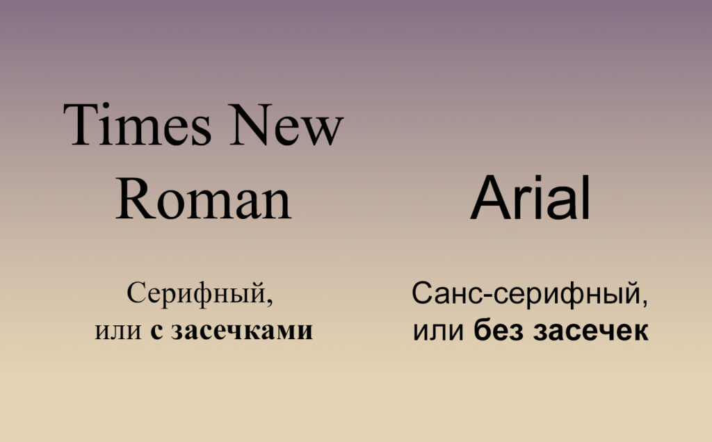Шрифты Times New Roman и Arial - с засечками и без засечек соответственно.